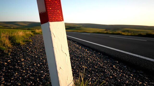 Close-up of a weathered white and red roadside delineator post with peeling paint standing beside an empty asphalt country road during golden hour with rolling green hills in the background