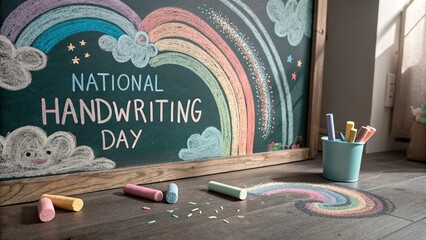 Colorful chalkboard art celebrating National Handwriting Day creatively.