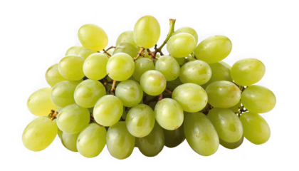Ripe cluster of sweet pale green seedless table grapes showcases fresh vineyard harvest appeal on transparent background