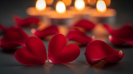 Romantic arrangement of red rose petals and glowing candles in a dark setting