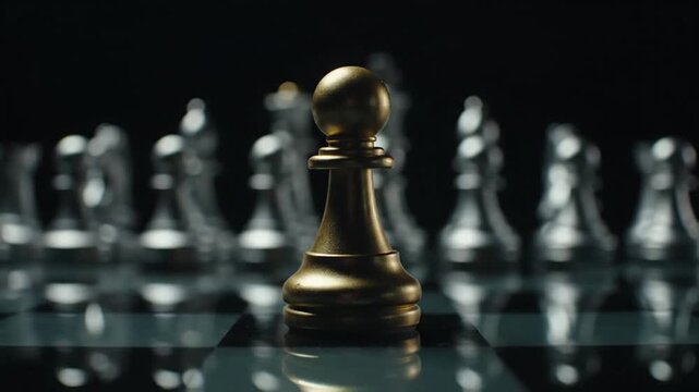 Golden pawn on chess board.