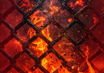 炎と金網の抽象背景。危険・制限・強烈なエネルギー
