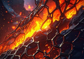 炎と金網の抽象背景。危険・制限・強烈なエネルギー