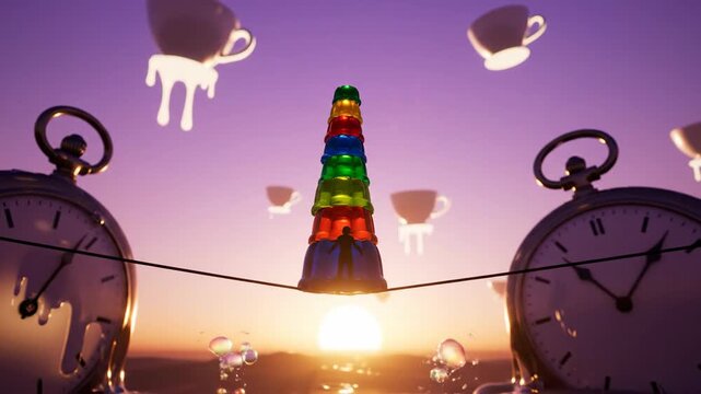 Balancing Act on Tightrope Over Melting Clocks at Sunset
