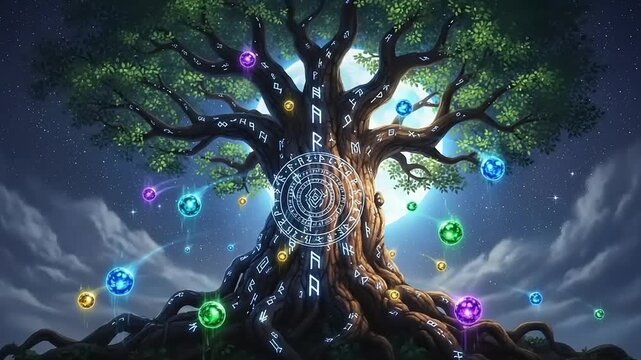 Mystical Tree with Colored Orbs and Symbols.