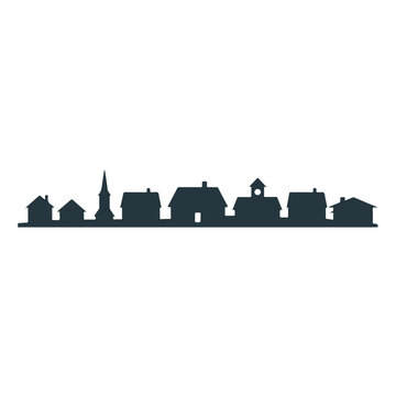 Minimalist black silhouette of a small town street or village skyline on white background
