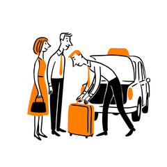Taxi Driver Helping Passengers with Luggage to Car Trunk Vector Illustration