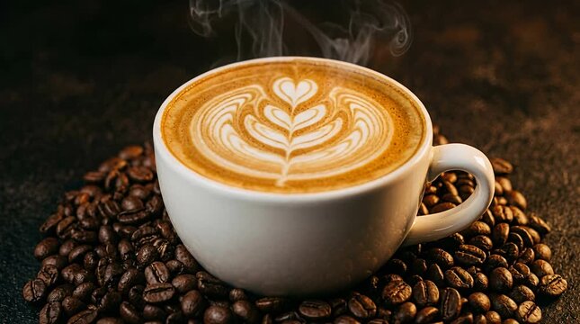 Steaming hot coffee latte with art foam on roasted beans, morning cafe brew, refreshing beverage, coffee shop.