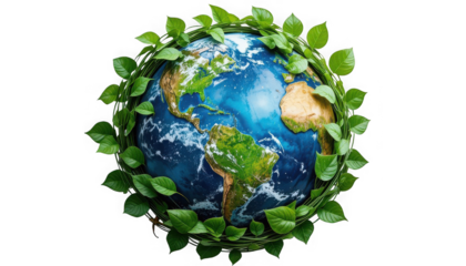 Vibrant blue and green planet earth icon encircled by lush growing vines and vibrant green leaves symbolizing global conservation efforts on transparent background