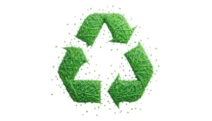 Vibrant green three-dimensional recycling symbol intricately constructed from interwoven natural vines and small foliage particles floating around on transparent background