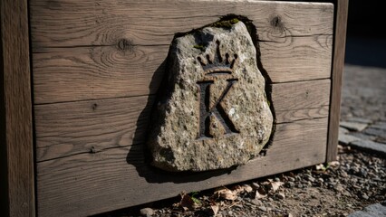 Detail of a metallic crown and letter K logo carved into a stone block set within a wooden structure