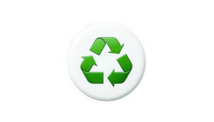 Detailed glossy circular icon featuring a vibrant green three-arrow mobius loop symbol representing sustainability and environmental responsibility on transparent background