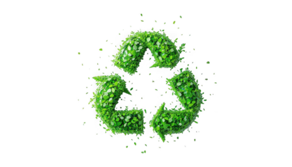Three dimensional recycling symbol meticulously crafted entirely from vibrant green leaves symbolizing ecological conservation and sustainability on transparent background