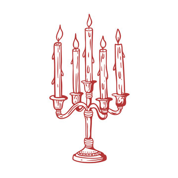 Hand drawn vintage candelabra illustration with five candles
