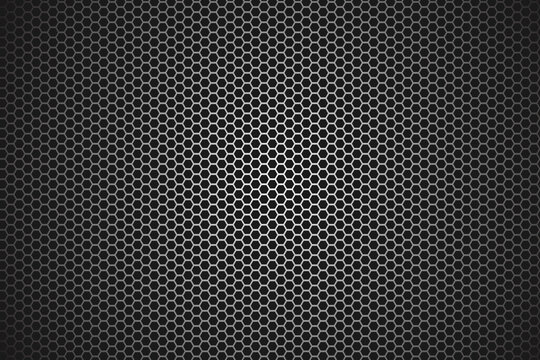 Perforated metal plate in black and gray colors. Abstract hexagon pattern. Black hexagonal grille. Metal perforated surface