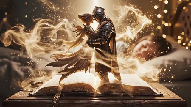 Sleeping woman dreams deeply as an open book on bedside table bursts with golden light, from its pages a dramatic knight and princess rise in passionate embrace, fantasy moment explodes with romance.