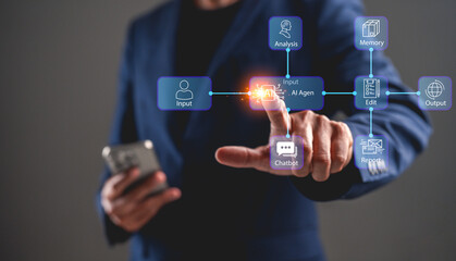 A person interacts with a digital interface, demonstrating features like input, analysis, and chatbot functions, emphasizing technology and communication.