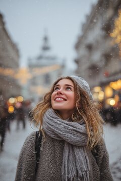 Beautiful young woman is enjoying snowfall in a big city. Waiting for magic, Christmas, hope. Positive emotions, winter holidays