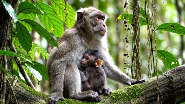 Mother macaque monkey breastfeeding her baby sitting on a moss-covered branch in a lush tropical rainforest jungle, displaying maternal bond and nurturing behavior.