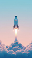 Illustration of a rocket taking off with a burst of flames creating a plume of smoke or a soft cloud.