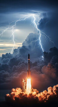Illustration of a dramatic rocket launch in bad weather.