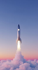 Fototapeta premium 3D illustration of a rocket taking off into the sky.