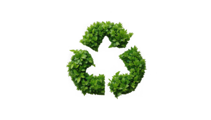 Three dimensional recycling symbol intricately formed by vibrant green foliage and fresh living leaves on transparent background