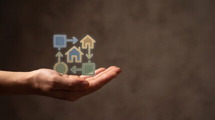 Open human hand illustrating home concepts indoor setting digital infographic minimalist design engaging perspective