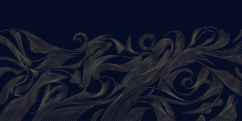 Luxury abstract wave pattern, elegant gold lines on dark background. Premium Japanese vector design, flow curves, geometric elements, wine label, packaging, wedding, posters, wallpaper.