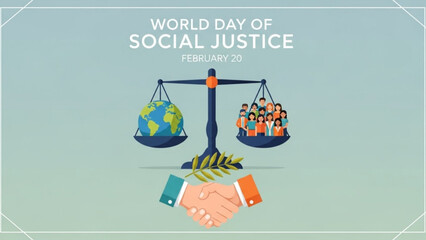 Naklejka premium World day of social justice illustration with balance scale globe diverse people and handshake