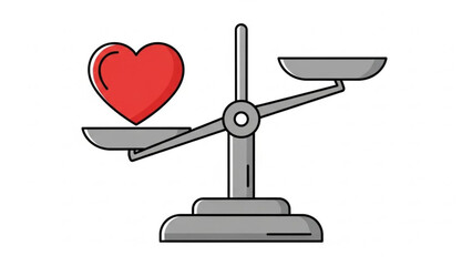 Heart weighed on balance scale with empty plate symbolizing love versus logic or emotions vs reason in decision making process