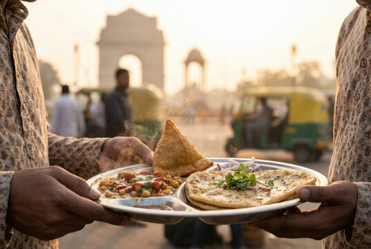 Street Food Tradicional de la India con Chola Samosa y Paratha Servido frente a la Puerta de la India en Delhi al Amanecer