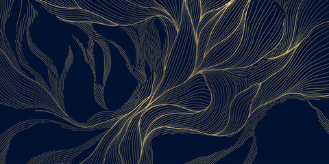 Luxury abstract wave pattern, elegant gold lines on dark background. Premium Japanese vector design, flow curves, geometric elements, wine label, packaging, wedding, posters, wallpaper.