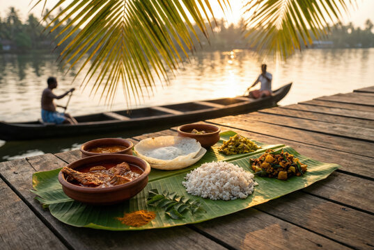 Traditional Kerala Fish Curry and Appam Served on a Banana Leaf at Sunset by the Backwaters