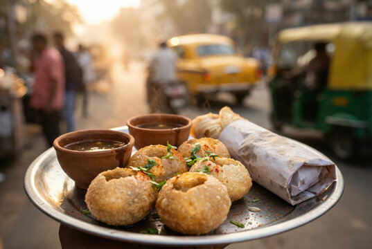 Traditional Kolkata Street Food Featuring Spicy Puchka and a Savory Kati Roll on a Busy City Street