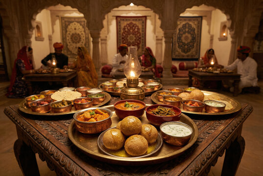 Grand Rajasthani Thali Feast with Dal Baati Churma and Ker Sangri in a Traditional Heritage Setting
