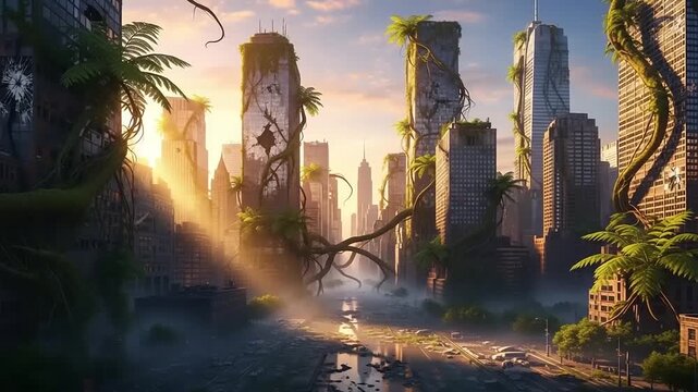 Abandoned Cityscape Overgrown with Nature Elements.