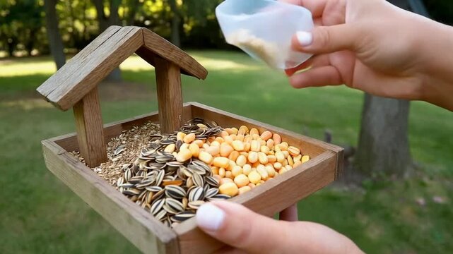 Filling wooden bird feeder with corn seeds in backyard with tree and grass