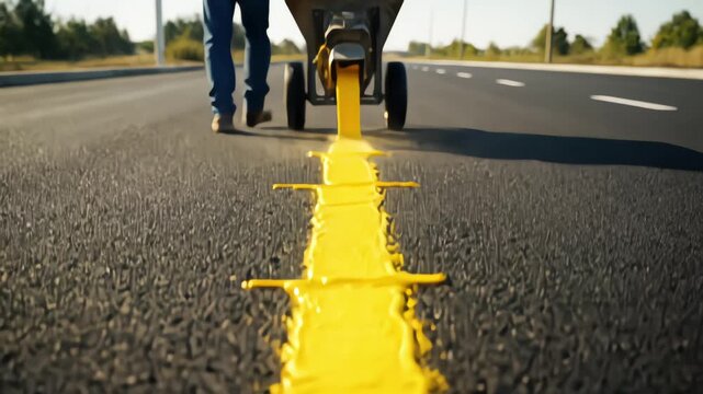 Construction worker applying yellow thermoplastic road marking line on asphalt highway with manual machine during daytime roadworks