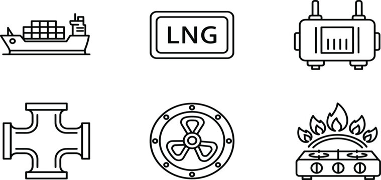 Liquefied natural gas LNG energy industry icons set including cargo ship, pipeline, gas stove, storage tank, pressure valve, and ventilator.