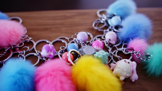Colorful Fur Pom Pom Keychains on a Wooden Surface - Close-up of Fun and Decorative Accessories