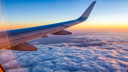 Airplane wing view from window during sunset flight above clouds travel and aviation concept sky background journey vacation trip transportation air