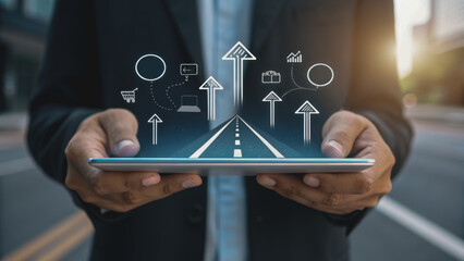 business growth expansion optimization concept. Business professional holding a tablet displaying digital growth icons and arrows.