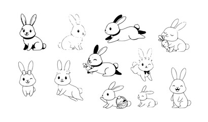Obraz premium Cute vector rabbits set with playful and happy bunny characters isolated on white background