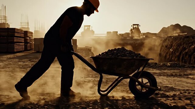 Silhouette of a construction worker pushing a wheelbarrow filled with gravel on the site.