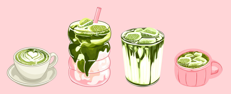 Pastel Matcha Drink Vector Set with Latte and Iced Beverages
