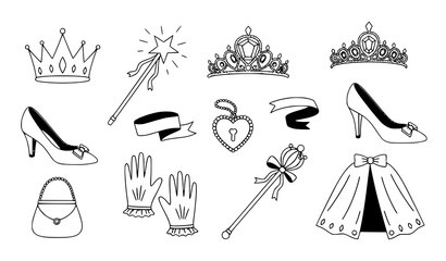 Hand-drawn princess decoration vector set clipart with crowns, wands, shoes, and magical accessories © Maslima