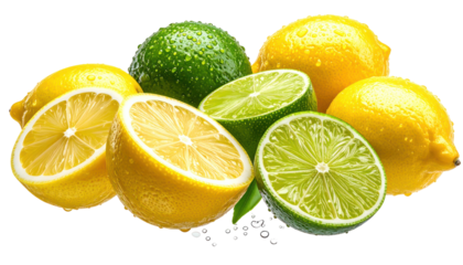 Group of yellow and green citrus fruit, whole and cut, with black specks