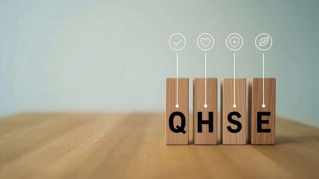 QHSE compliance concept illustrating quality health safety environment icons risk control policy training management system workplace performance improvement culture