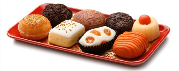 colorful assortment of decorative pastries displayed on a red plate, showcasing various textures and designs, perfect for dessert lovers.